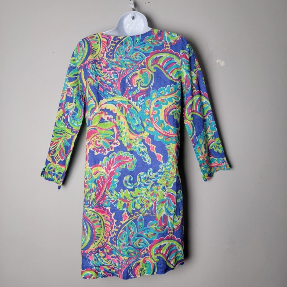 Lilly Pulitzer Dress Small Linen 3/4 Sleeve Blue Pink Paisley Print Tunic Dress - Picture 3 of 9